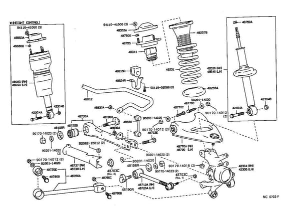 1990 - 1994 LS400 rear suspensionparts diagram depicting a second insulator at bottom of spring  48258-50010