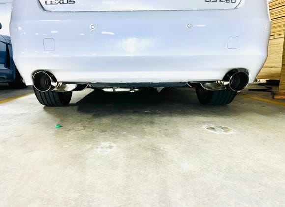 Install took about an hour. The exhaust tips are a little too big for my liking. It sounds great but unfortunately the right side hangs lower. Might need another exhaust hanger from autozone