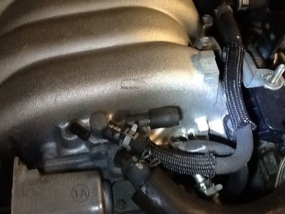 Front center engine, where throttle body is bolted to intake.
Check for missing or cracked rubber.
