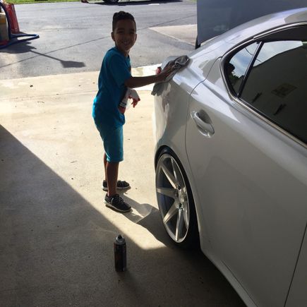 my son helping out to clean my vessel