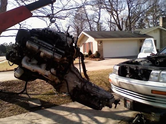 removed engine to replace,block had hole in passenger side,and engine in gray car ran great,im guessing trans is good,so i saved it,but sold the motor to a local shop to recooperate some funds,they needed some engine parts and we were both happy to know each other