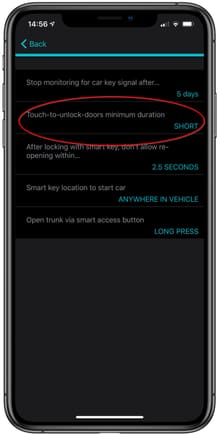 Carista iPhone app showing the "Touch to unlock" setting.