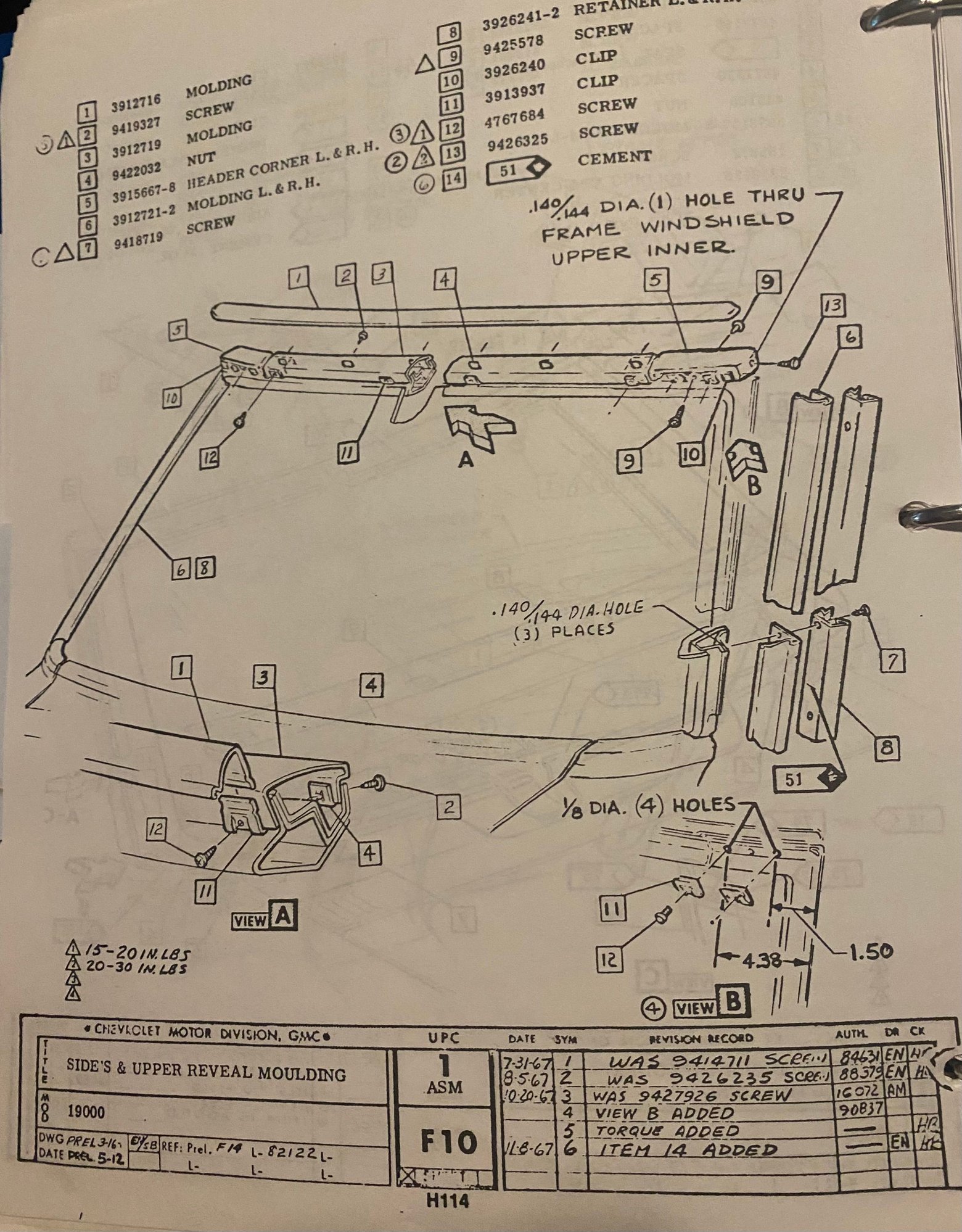 AIM does not indicate that the upper weatherstripping has any screws, just the molding and the retainer.  