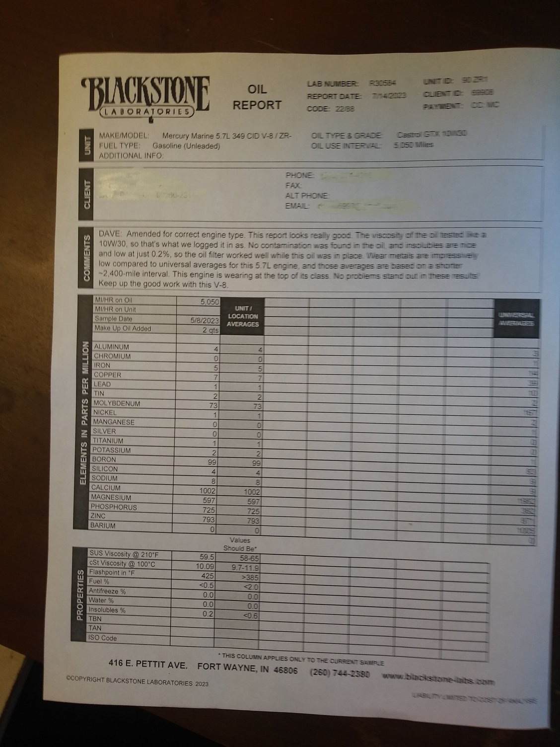 1990 ZR-1 Oil Report. Castrol GTX 10W-30, 5,500 change interval. Compare the values to the Universal Averages which are for a 2,400 average interval.
