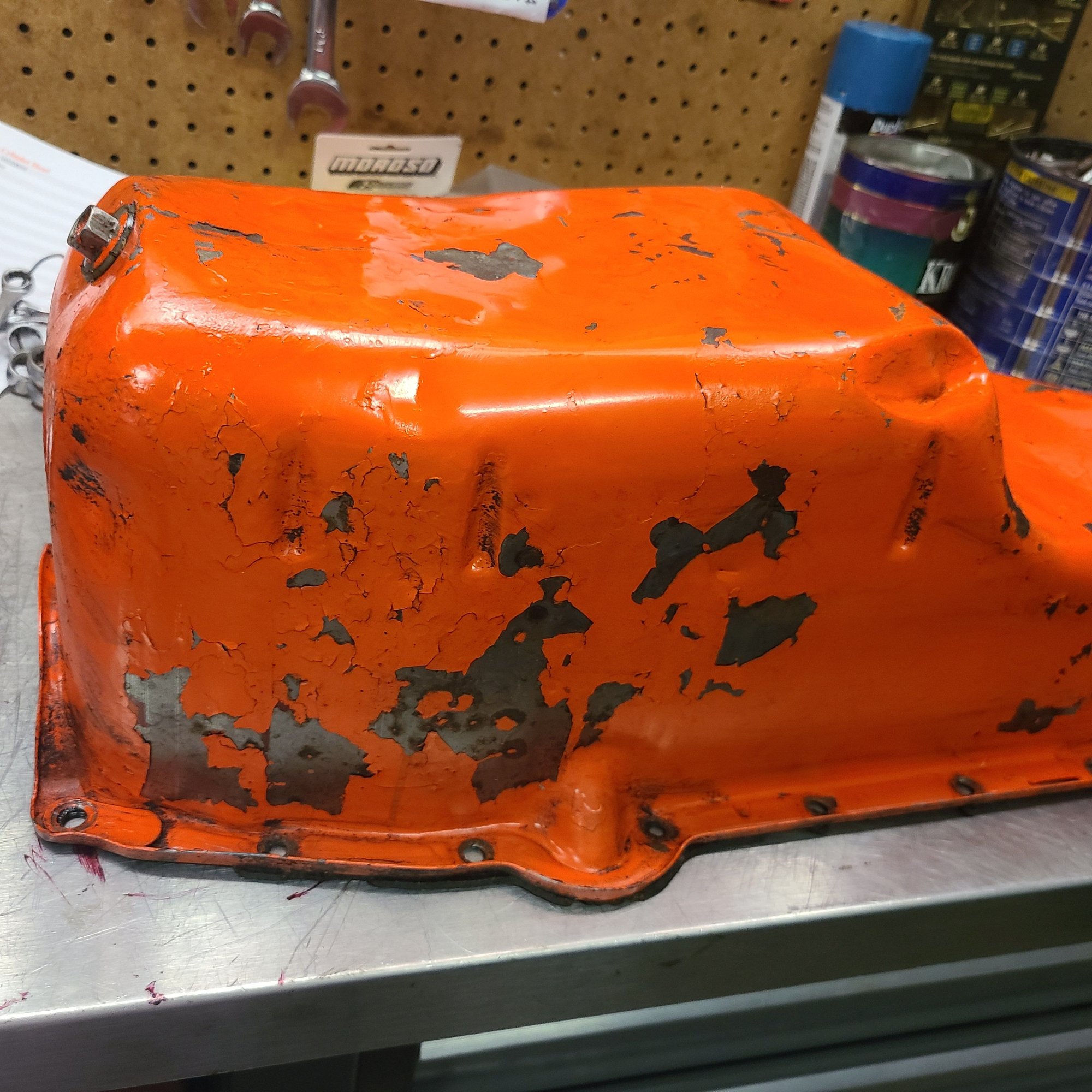Original '71 LT-1 pan with rear drain plug. 