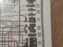 1965 DocRebuild's wiring diagram shows : 
  Heater Switch Conn. triple plug
 - 1 Black wire with Blue stipe
 - 1 Black wire with Yellow stripe
 - 2 Black wires with Orange stripe
 Your pick shows solid wire colours, Blue, Yellow & Orange. 
What year is your car?

 The single Brown wire plug looks like it is also for the Heater Switch Conn. or Radio Capacitor Conn. on Ign. Switch.
