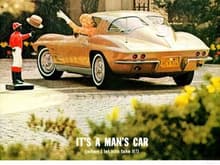 1963 Corvette Advertisement, &quot;It's a Man's Car - When I Let Him Take It!&quot; Perfect blonde hair, her gloved hand tosses his hat out the window onto a Yard Jockey. Perfectly representative of automotive marketing during the late '50s and early '60s. Reminds me of something from a MAD MEN episode.