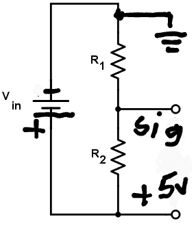 Voltage divider circuit where R1 is a fixed value and R2 is variable.