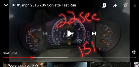 At 22 sec in video the Z06 hislts 151mph 102 was at 13. So 9 sec roughly 