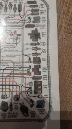 1965 DocRebuild's wiring diagram shows : 
  Heater Switch Conn. triple plug
 - 1 Black wire with Blue stipe
 - 1 Black wire with Yellow stripe
 - 2 Black wires with Orange stripe
 Your pick shows solid wire colours, Blue, Yellow & Orange. 
What year is your car?

 The single Brown wire plug looks like it is also for the Heater Switch Conn. or Radio Capacitor Conn. on Ign. Switch.
