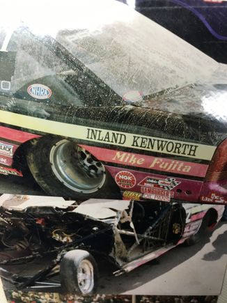 Here is what was left of the car. It had poured rain the night before so the stuff all over the car is muddy water residue as it was off track and rolled through a puddle the size of a small lake!