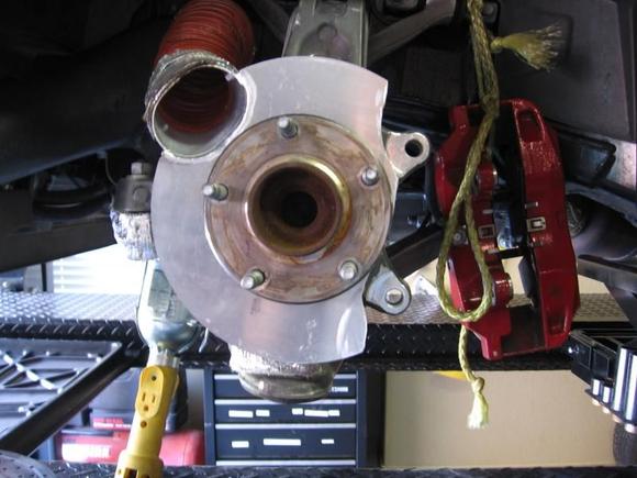 LG Spindle Duct After Adaptation, later taken off due to offsetting rotor inside the brake pads,   too much flex on such a short hose, better to cut off and tie to upper A arm.
