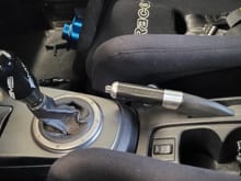 AMS Delrin shift knob, Mitsubishi OEM carbon fiber e-brake handle.  Also in the pic, Racetech 4009W seats and Schroth 6 point belts