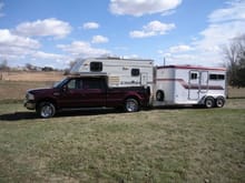 Just washed up the truck and trailer for the weekend. Featherlite 2 horse trailer and a Hide Away pick-up camper.