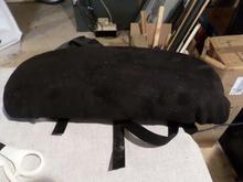 Top view, with cover stapled in place. 3 velcro straps (six pieces) affixed on bottom board