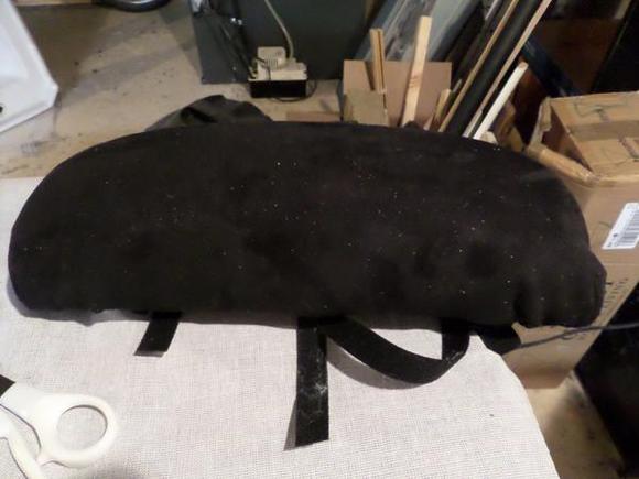 Top view, with cover stapled in place. 3 velcro straps (six pieces) affixed on bottom board