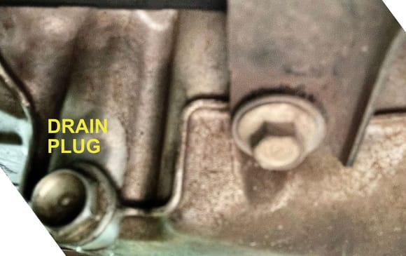 Oil drain plug is labeled (on left) The bolt and metal plate in question are at right