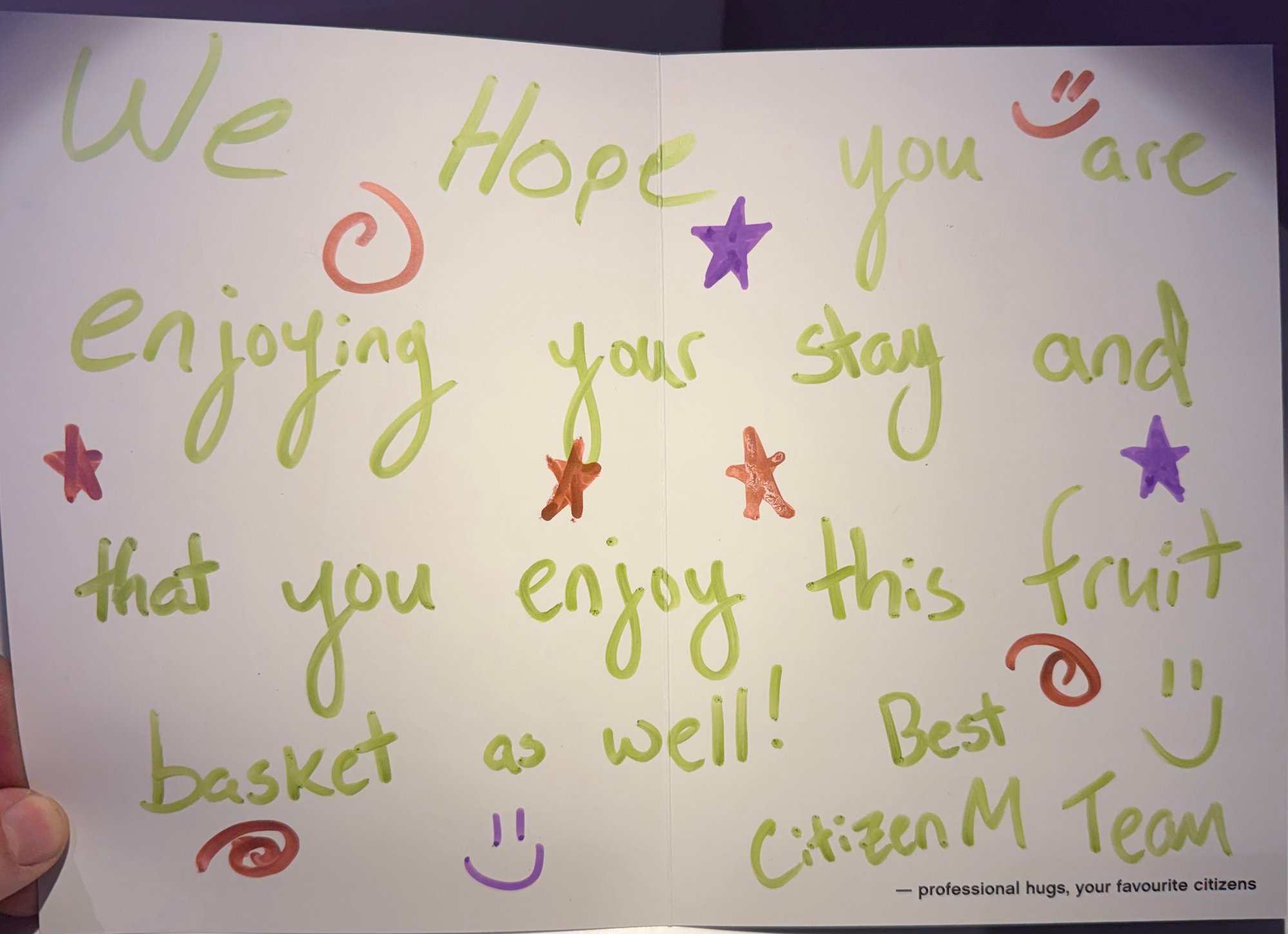 This was a nice hand written welcome card
