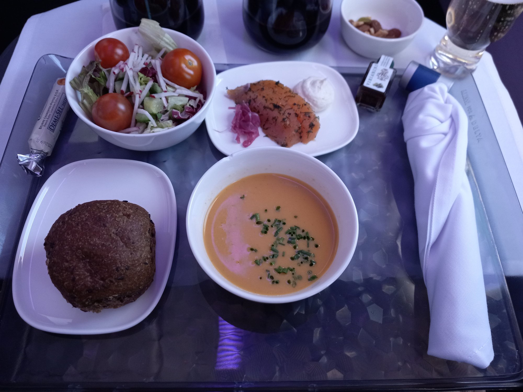 Roll was warm, soup & salmon delicious, salad was fresh, liked the matchstick radish