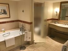 Bathroom with separate toilet, shower and bathtub - amenities are from Agaria