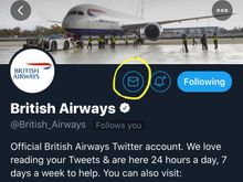 Once you follow BA you will be able to send a DM using the envelope circled.