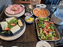 Salmon, cheese, salad
