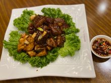 Panfried Japanese wagyu with mushrooms