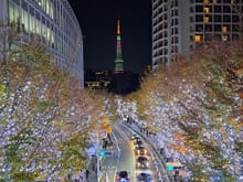 The  bridge at Roppongi Hills with  Keyakizaka Street below  with the trees all decorated with lights and facing towards Tokyo tower with special lighting ( busy even at 2130 with lots of people taking photos so had to wait a few minutes to get a good position towards the Tokyo tower