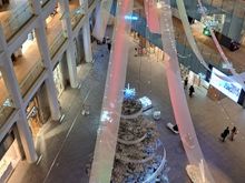 Looking down at the Kitte christmas tree and ribbon