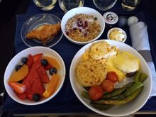 All served on one tray.
Opted for the steak and eggs (pre-ordered).
It was lukewarm at best.
That is no potato gratin for sure.
Fruit and yoghurt were the best part.
Croissant was not abused!!!
Passable but not J quality.