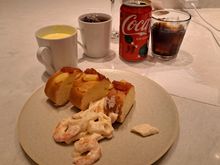 Soup , pasta and garlic style bread. The bread was wonderful and soft ( staff kept supplies well topped up on the serving area)