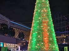 The christmas tree changed colours through purple,blue,red,green etc. Stays up through end of February iirc
