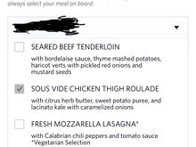 Pre-order menu - three main course choices available in the app 7 days before flight
