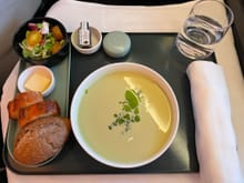I opted for another soup as the roasted tomato soup on the MUC-AUH flight was divine. Unfortunately the mint coriander one here did not meet the same bar, but tasted nice and refreshing nonetheless. The soup was brought without a spoon so I had to wait for a while to start eating.