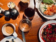 Bircher muesli, yogurt parfait and smoked salmon egg white scramble
