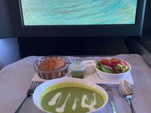 Green pea soup. Very delicious, hot, according to my other half