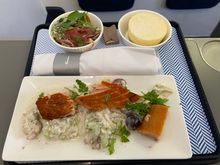 Cycle 3 outbound cold dinner: : Pea, potato and mint salad with Black Forest ham / Hot smoked salmon with Waldorf Salad / NY cheesecake