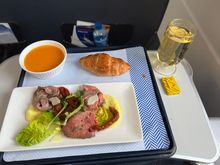Band 1 dinner en route from the near continent. Warm Croissants instead of bread (17:25 departure) with a very apologetic crew! I quite liked it though - went well with the dessert!