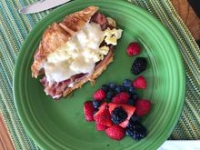 Ham, bacon, scrambled eggs and bechamel on a croissant. My take on the Toulouse sandwich from Bennison’s Bakery in Evanston, IL