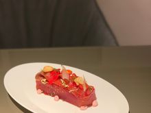 Compressed watermelon with salmon crudo. Sounds bizarre because it’s served with pickled ginger and fried garlic. But flavour is super complex and by far my favourite item. 