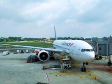 My Air France flight waiting at the gate at Singapore airport 
