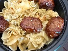 Buttered noodles upon which I have placed Korean meatballs - all from Noodles and Co.