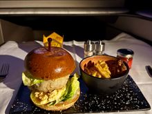 Before landing - Breaded prawn burger with toasted brioche bun pickled mooli and baby gem lettuce. This was surprisingly tasty! 9/10