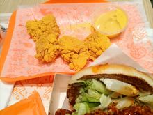 The sandwich tasted as bad as it looks and I lack words to describe those nugget things. I mean, the chicken itself was moist and tender, but the batter was uncharted territory for my pallette.