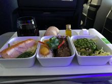 Seared Salmon, Braised Short Rib & Grilled Avocado (L to R, foreground).  Glass of Bethel Heights Pinot Noir, dinner roll w/EVOO, S&P (L to R, background)