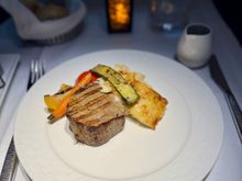 Grilled black Angus beef fillet with herb jus truffle dauphinoise potatoes and seasonal summer vegetables (9/10 very nice dish) 