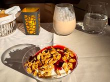 Breakfast - Yoghurt with chia, sour cherry compote and toasted pumpkin seed granola