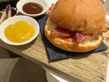 Bacon roll with brown sauce:tu: and mustard:td: