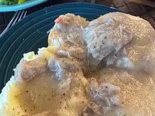 The last of the creamed turkey made and frozen after Thanksgiving - over biscuits and mashed potatoes. 