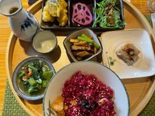 Dragonfruit fried rice with various accompaniments 